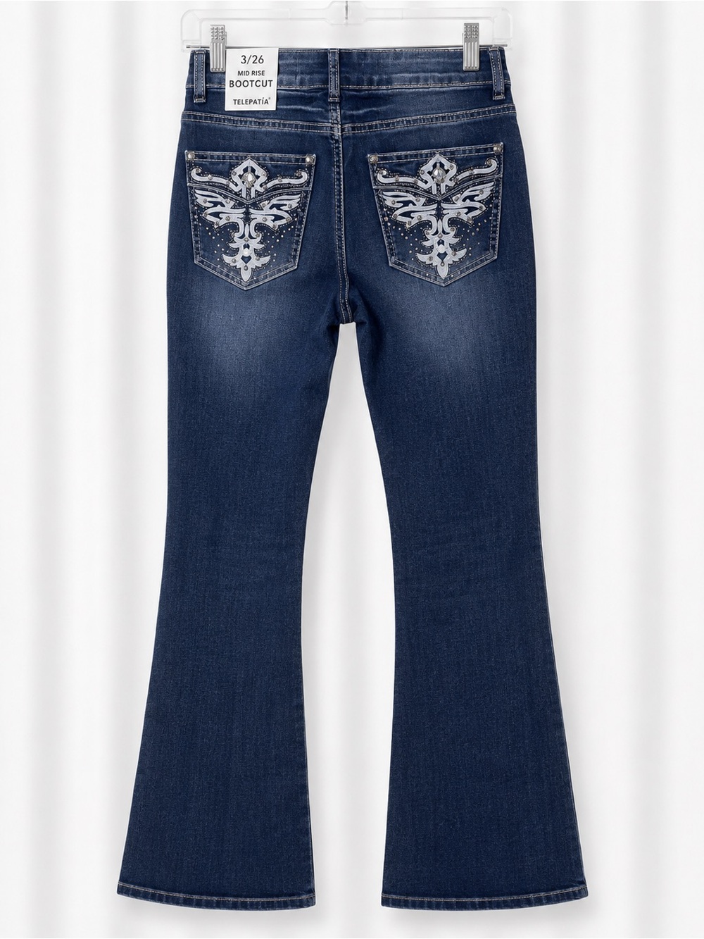 Embroidered Dark Blue Bootcut Jeans — Mid Rise